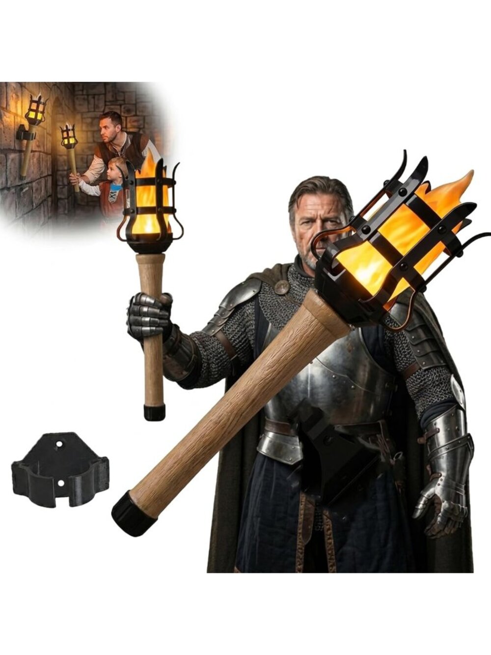 Medieval LED Handheld Torch Prop with Wall Mount - Perfect for Themed Decor
